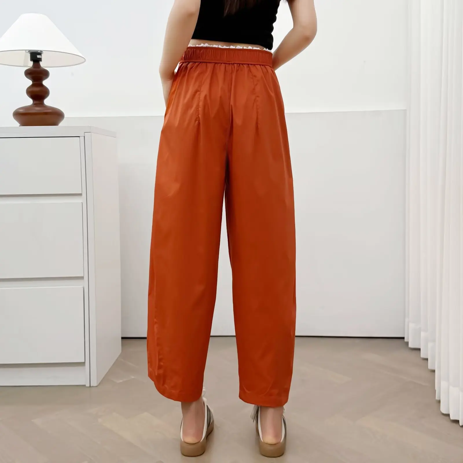 Fashion Plus Size Women's Pants Autumn New Style Lace Waist Casual Ankle Length Wide Leg Bottoms 8517