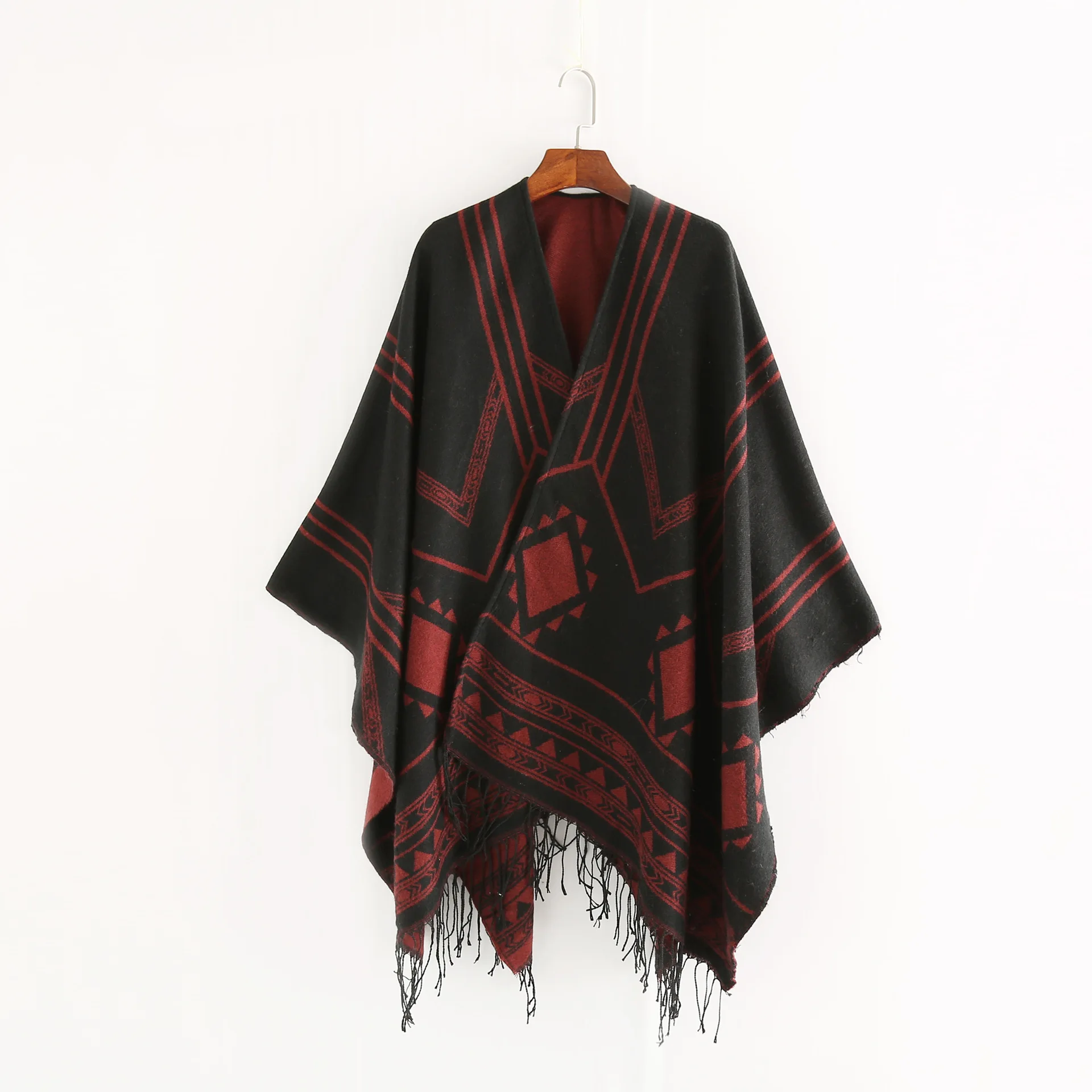 

2023 New Indian Nepalese Style Geometric Tassel Split Women Shawl Warm Air Conditioning Room Lady Cloak Poncho Capes Black Red