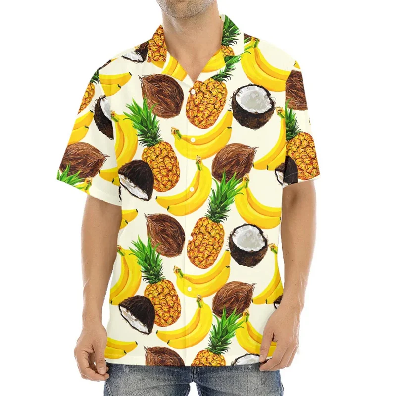 

Рубашка мужская с 3D-принтом тропических фруктов, модная смешная блузка с коротким рукавом, гавайская рубашка с лацканами, топ на лето