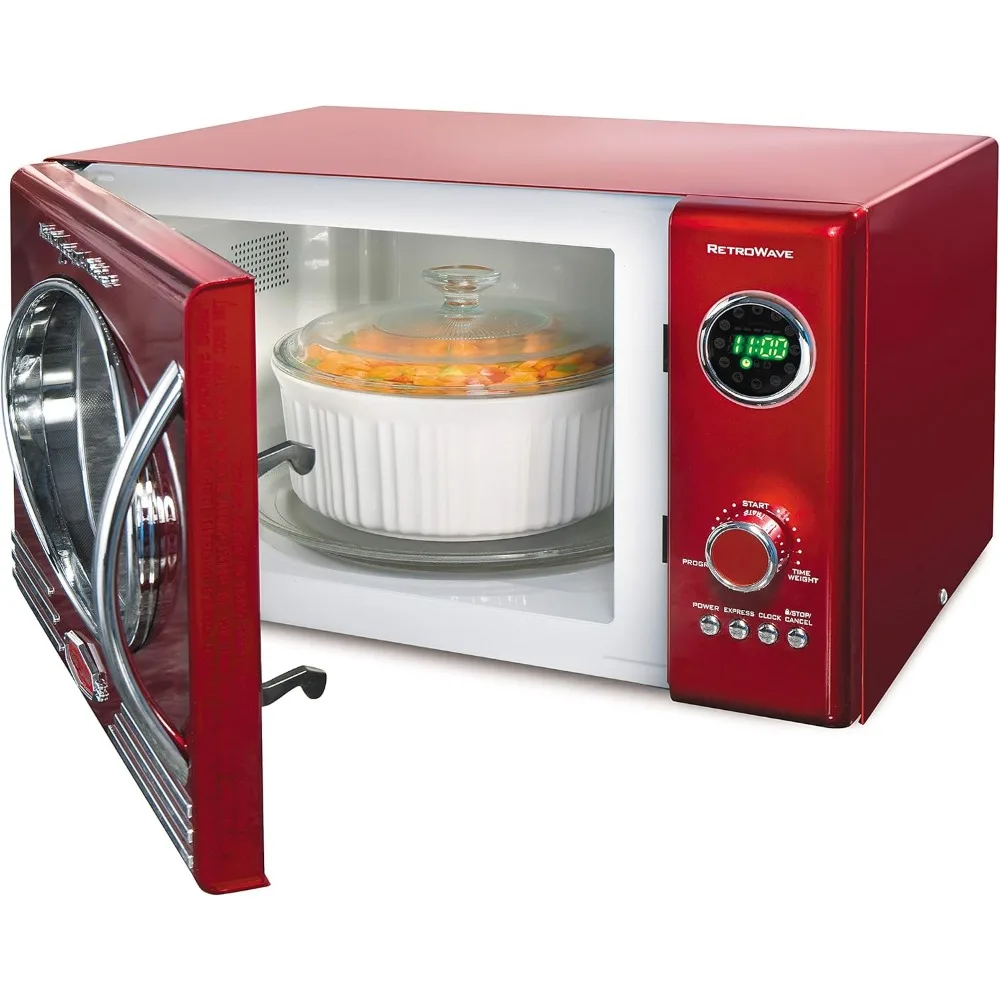 Retro Large 0.9 cu ft Countertop Microwave Oven, 12 Pre-Programmed Cooking Settings, Digital Clock,Metallic Red 3