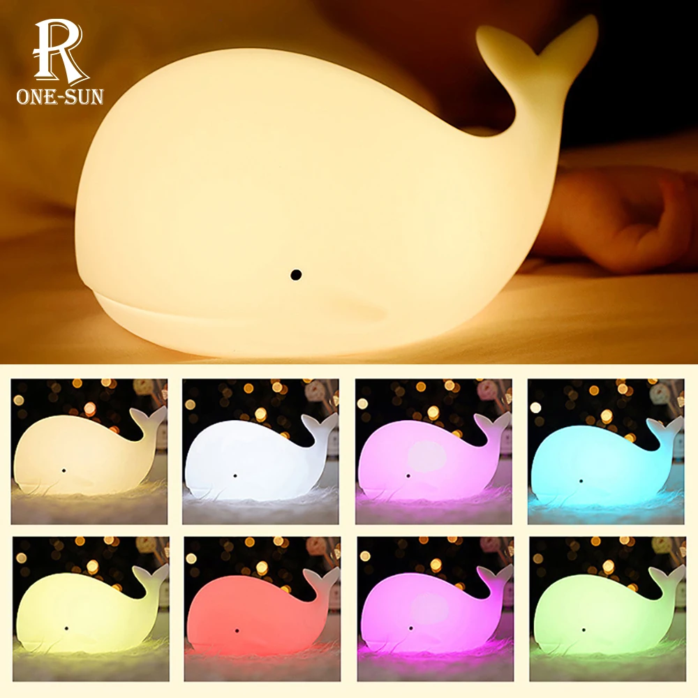LED NightLight Cartoon Whale Silicone Light Bedside Decor Rechargeable Color Changeable Atmosphere Lamp for Kids Holiday Gifts