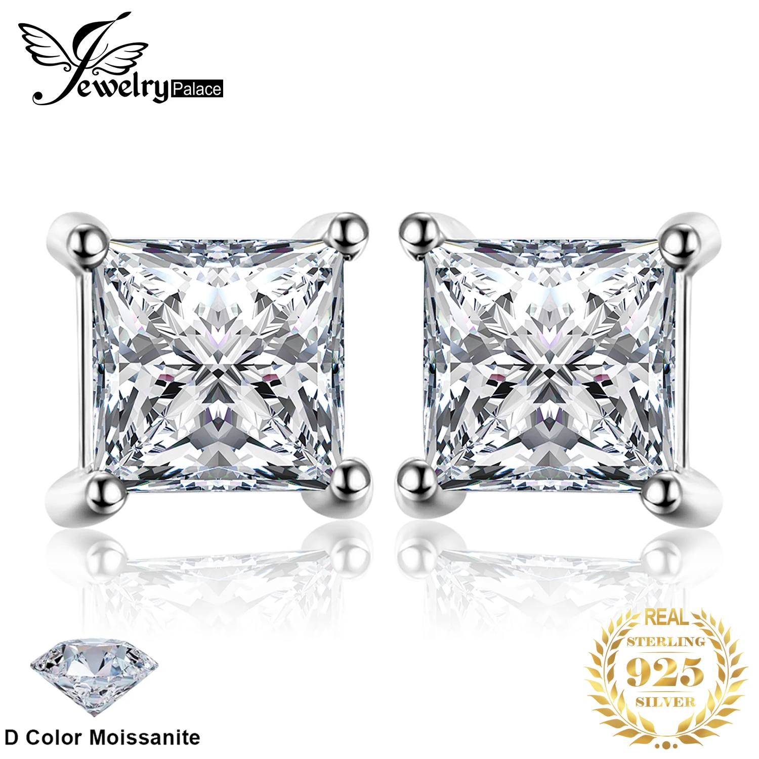 JewelryPalace Moissanite D Color Total 0.8ct Princess Cut S925 Sterling Silver Stud Earrings for Woman Yellow Rose Gold Plated