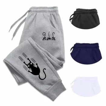 Women Cute Cat Print Sweatpants Fall Spring Outdoor Sports Fitness Jogging Train Long Pants Fleece Comfortable Casual Pants