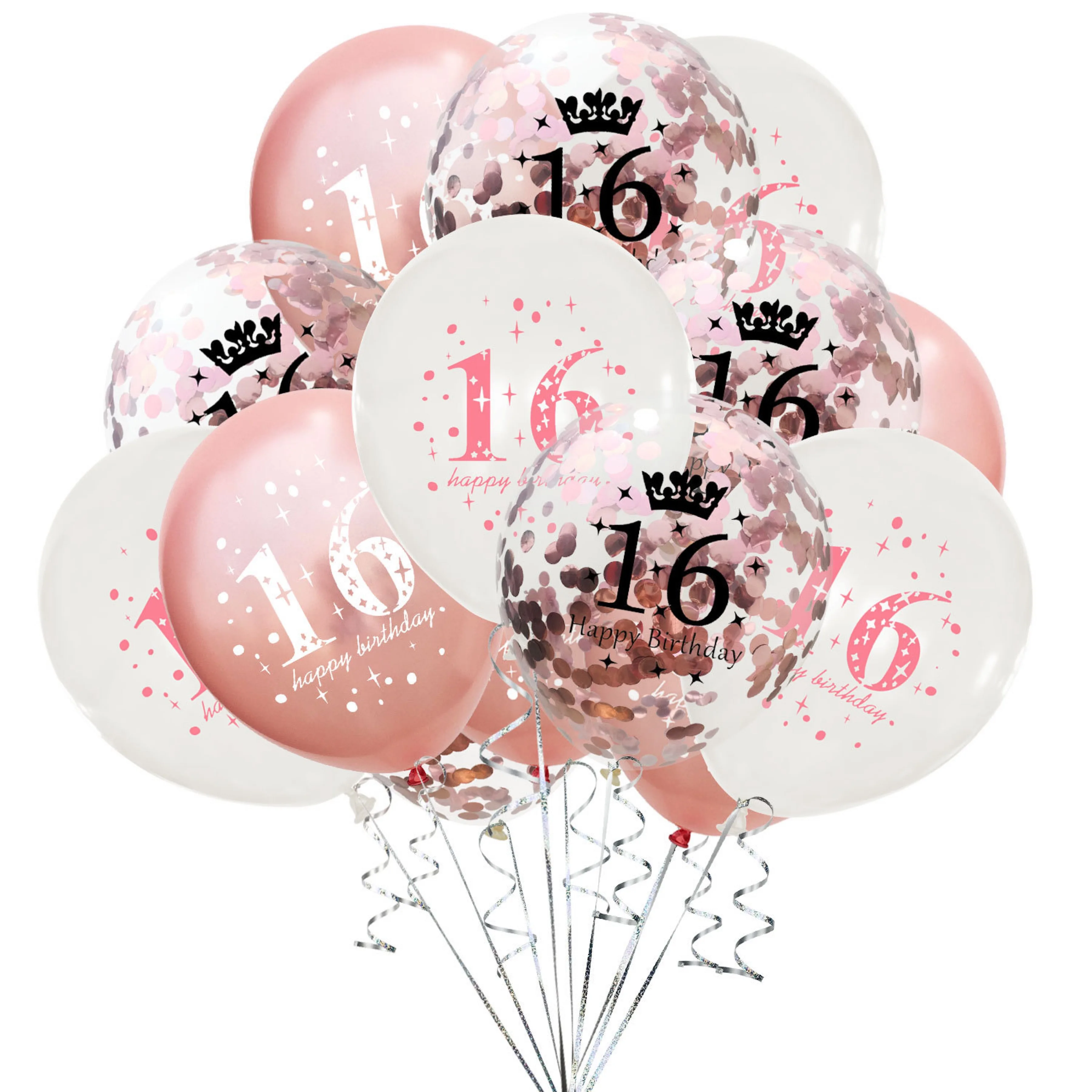 thumbnail image 1 of Juego de 15 globos decorativos de látex con confeti dorado y plateado para celebrar el 16.° cumpleaños, 16 unidades, 1 of 5