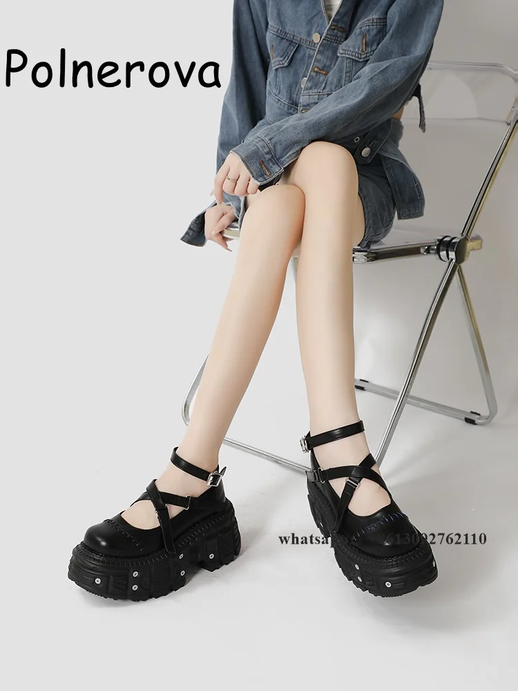 Rivet Thick Sole Pumps Cross Tied Front Strap Women's Shoes Punk Square Toe Millennium Spice Girls Vintage Mary Jane Shoes