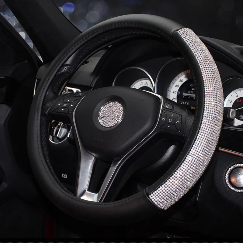 

Diamond Leather Steering Wheel Cover Crystal Rhinestones Car Steering-wheel Covers for Women Girls Auto Interior Accessories