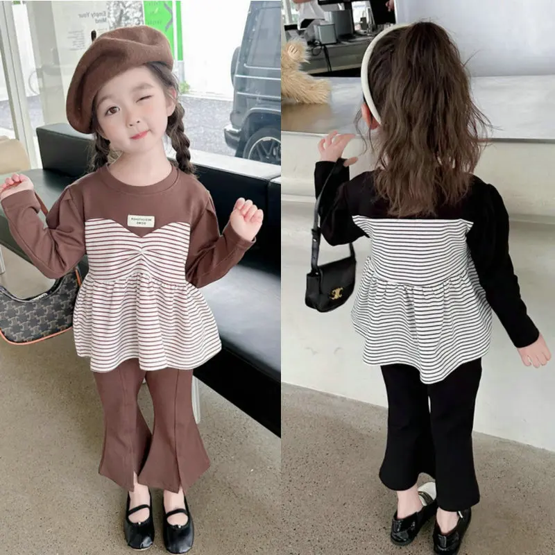 

Children Clothing Set Girls Striped Long-Sleeved Sweater plus Bell-Bottom Pants Trousers 23 Spring and Autumn New Set