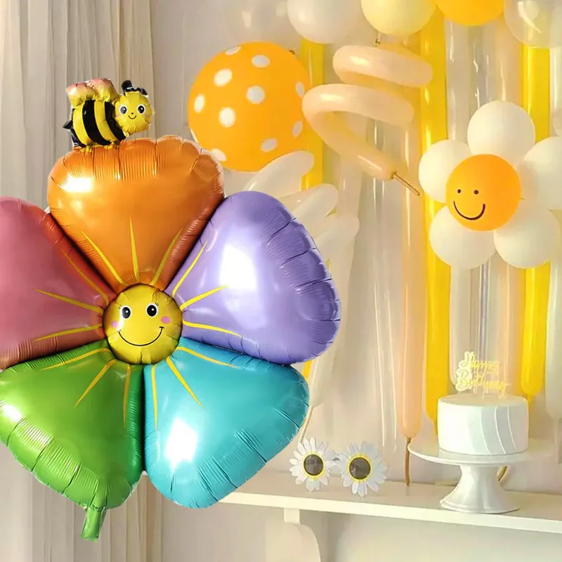 Neue Gänseblümchen Aluminium Film Ballon bunte lächelnde Gesicht Biene fünf Blütenblatt Blume Pferd Caron Sonne Blume Geburtstags feier Picknick Camping – Detail 2