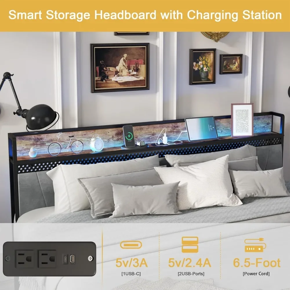 Queen Size Bed Frame with Storage Headboard and Charging Station, 4 Storage Drawers, LED Lights, Metal Support, Bed Frame 3