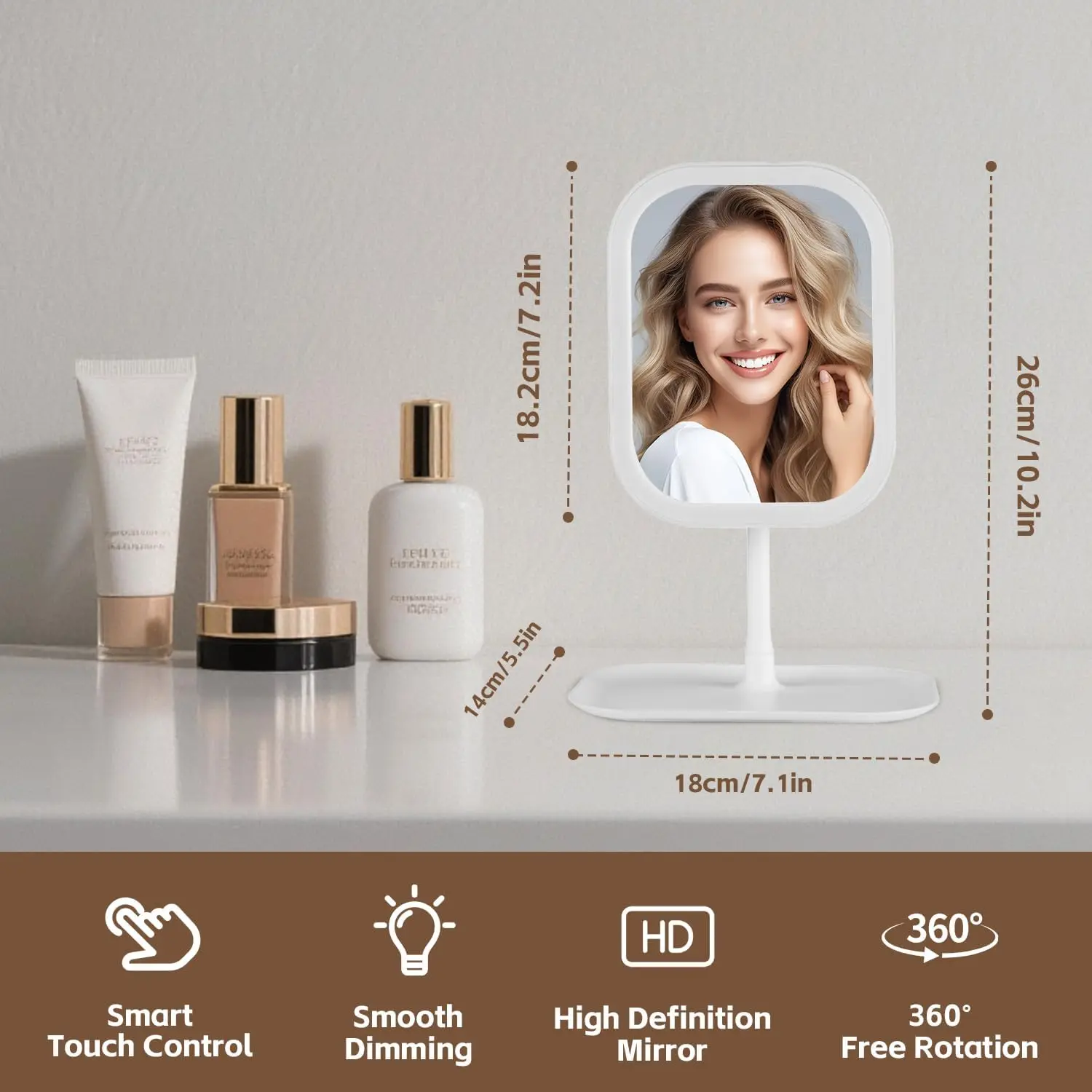 조명이 있는 화장대 거울, 3가지 색상 조명 휴대용 컴팩트 여행용 화장 거울 선물용 충전식 회전 조절 가능