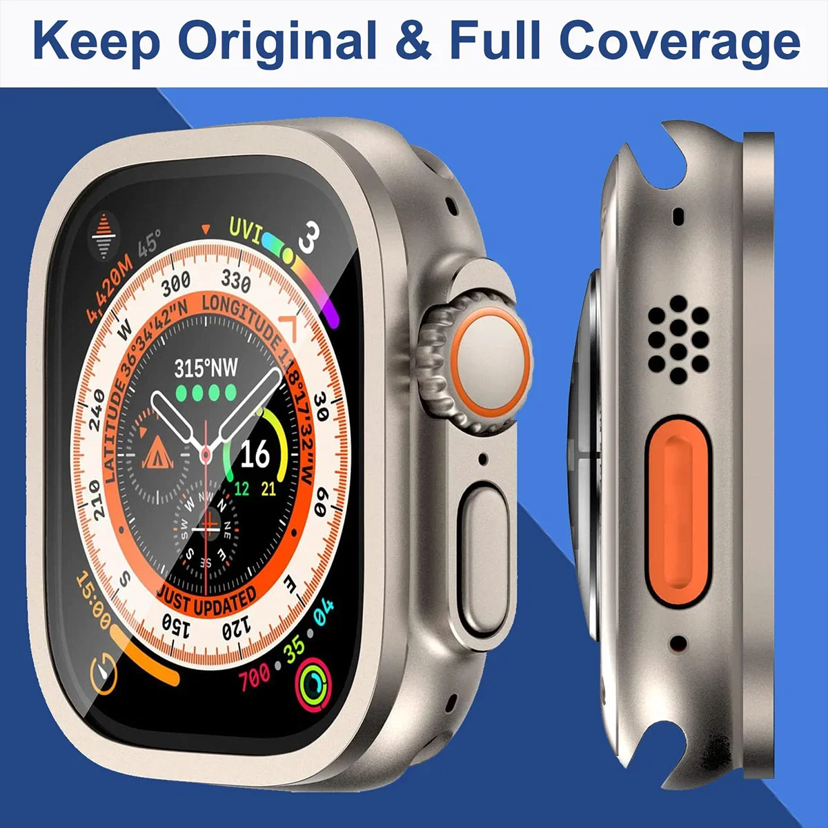 Titanium Metal Tempered Glass Screen Protector for Apple Watch - Anti-Scratch Frame (2-Pack)