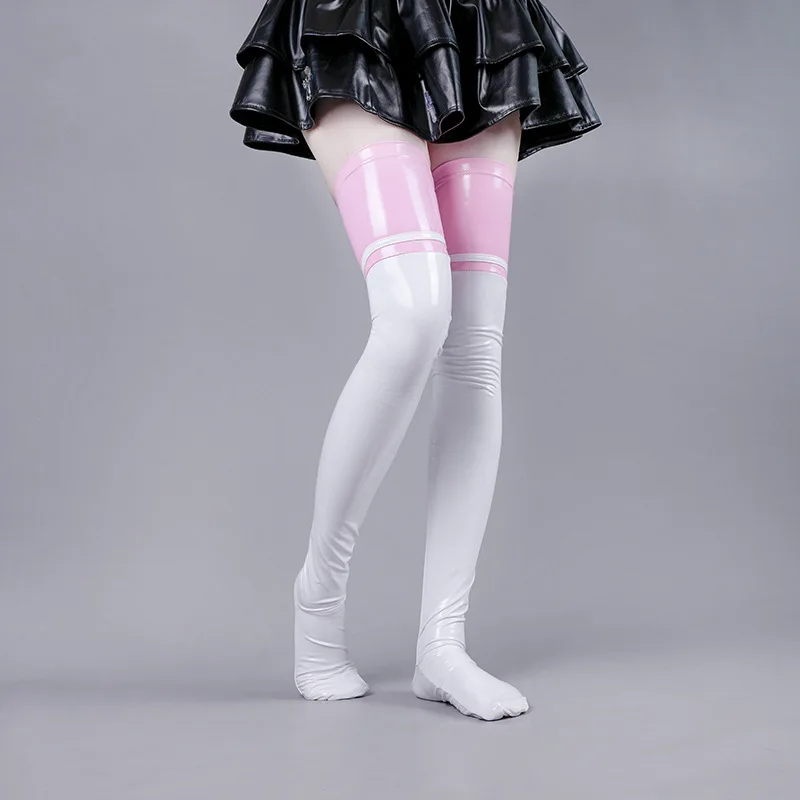 Punk Lolita Patchwork Leather Glossy Over Knee Stockings Anime Devil & Angle Cosplay High Thighs Hold-ups Socks