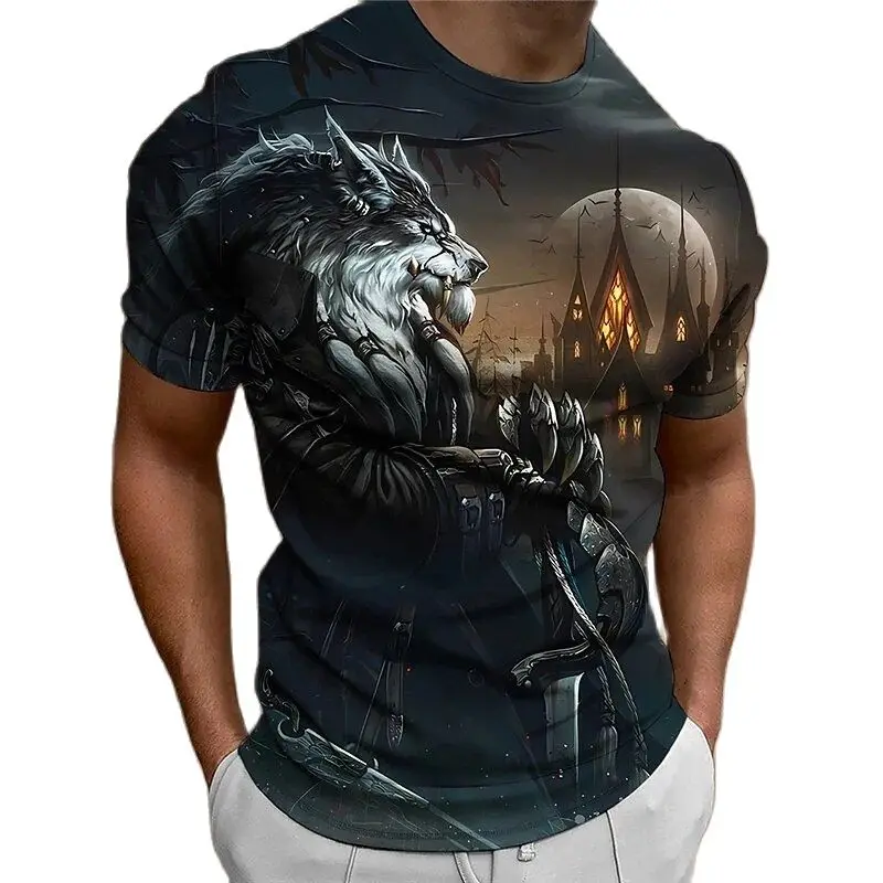 

Summer Animal Wolf Print Men's T-shirts Vintage O-Neck Daily Short Sleeve Loose Tee Shirt Harajuku Large Size Clothing Apparel