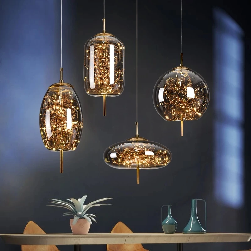 

Nordic LED Pendant For Dining Kitchen Luxury Brass Glass Bedroom Bedside Ceiling Chandelier Creative Gypsophila Living Room Lamp