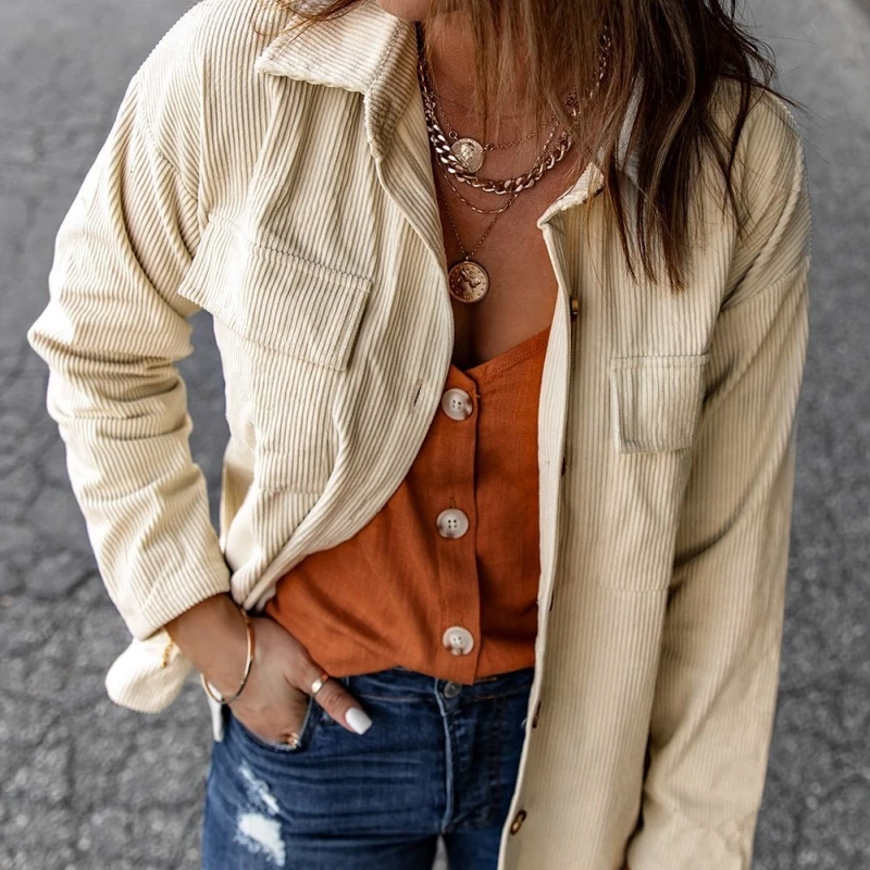 

Autumn Vintage Corduroy Jacket Coats Solid Long Sleeve Lapel Women Shirts and Blouse Stripe Cardigan Tops Female Clothing 24070