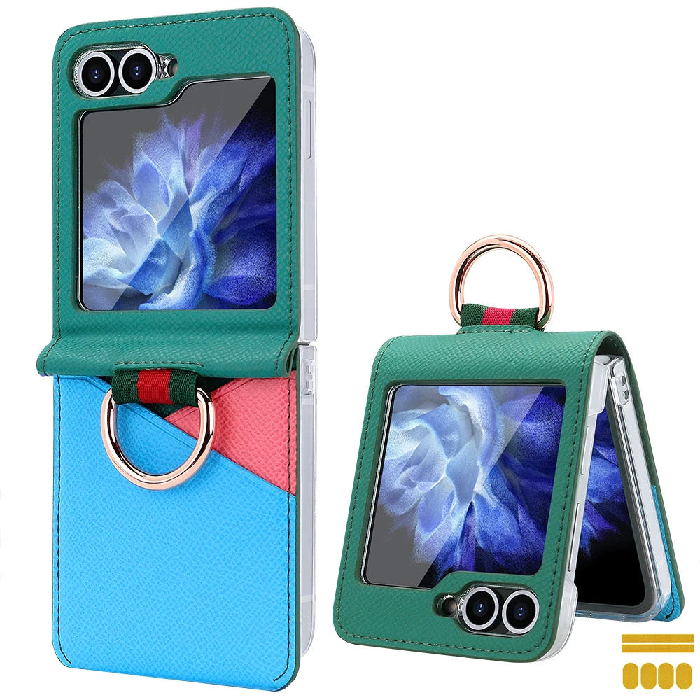 Color Collision Design Z Flip Phone Case with Finger Ring and Card Slot, Premium PU Leather