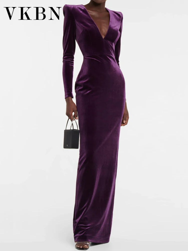 

VKBN Party Evening Dresses Women Casual Full Sleeve V Neck Banquet Wedding Prom Purple Dresses for Female High Quality