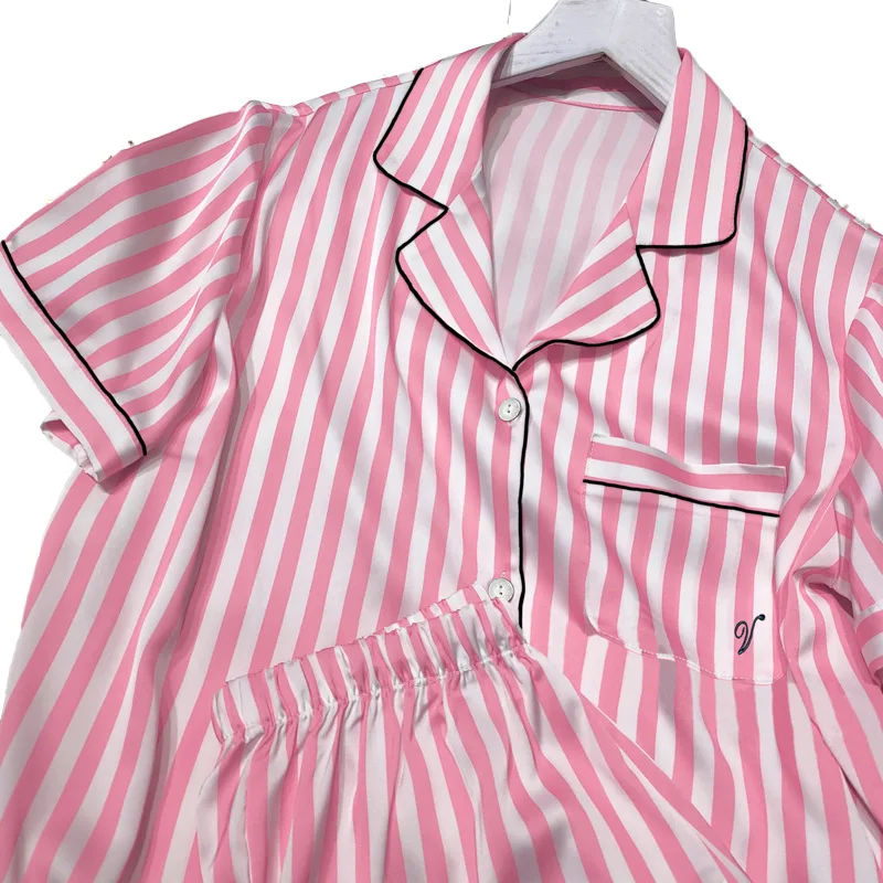 Women Pajamas Set Women Pajama Suit 2 PCS Women's Pajamas Set Sleepwear Summer Short Sleeve Tops and Shorts Faux Silk Satin Soft Striped Printing