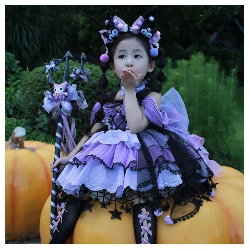 

Anime Sanrios Lolita Kuromi Mesh Dress Kawaii Girls' Black Princess Dress Cartoon Sweet Strap Skirt Mesh TUTU Skirt Kids Gift