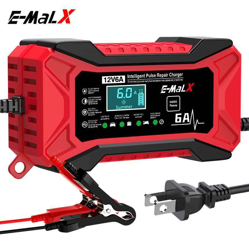 12V 6ACar Battery Charger Pulse Repair LiFePO4 14.6V Smart Fast Charge AGM Deep Cycle GEL Lead-Acid Charger For Auto Motorcycle