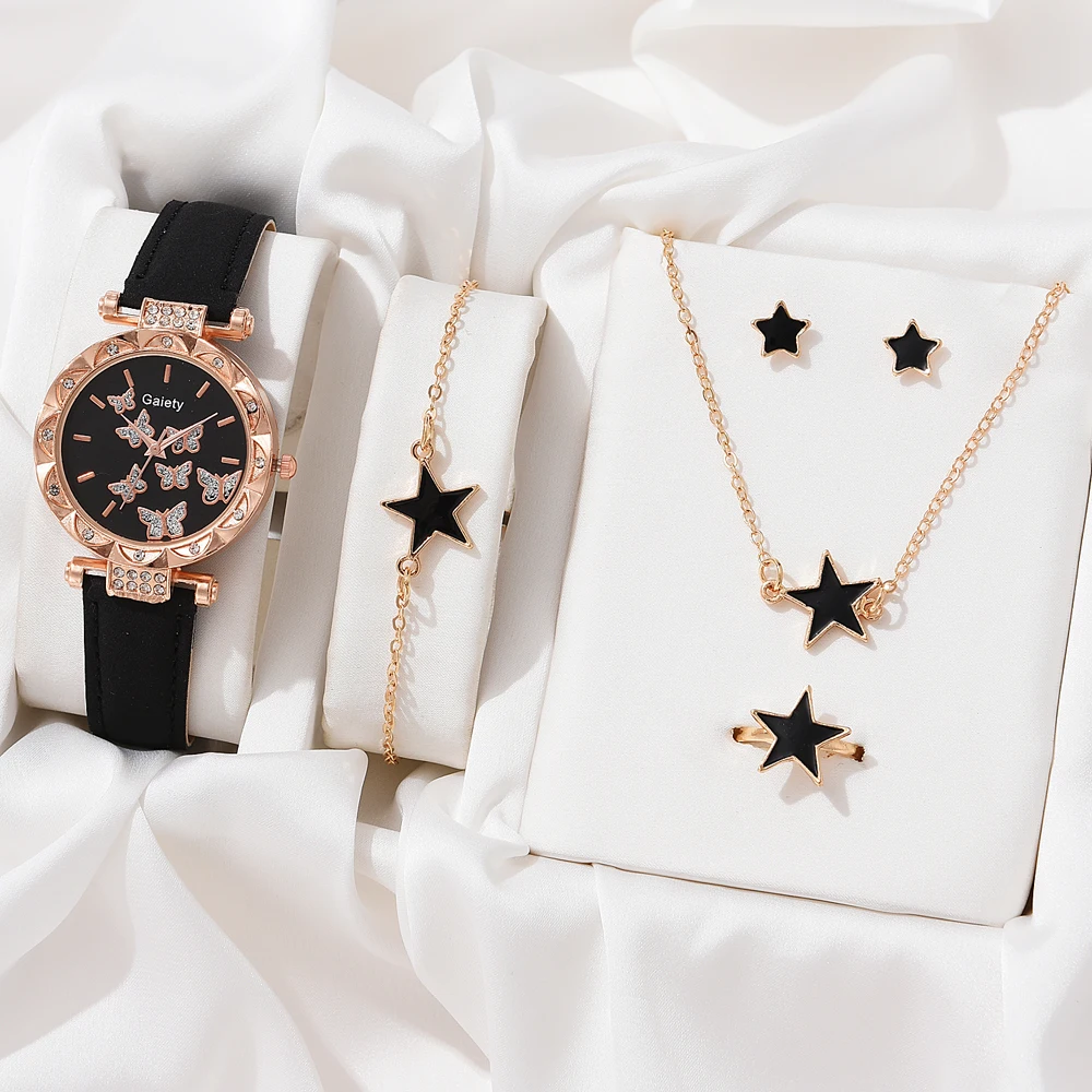 

5 шт./комплект, Женские Аналоговые наручные часы с кожаным ремешком