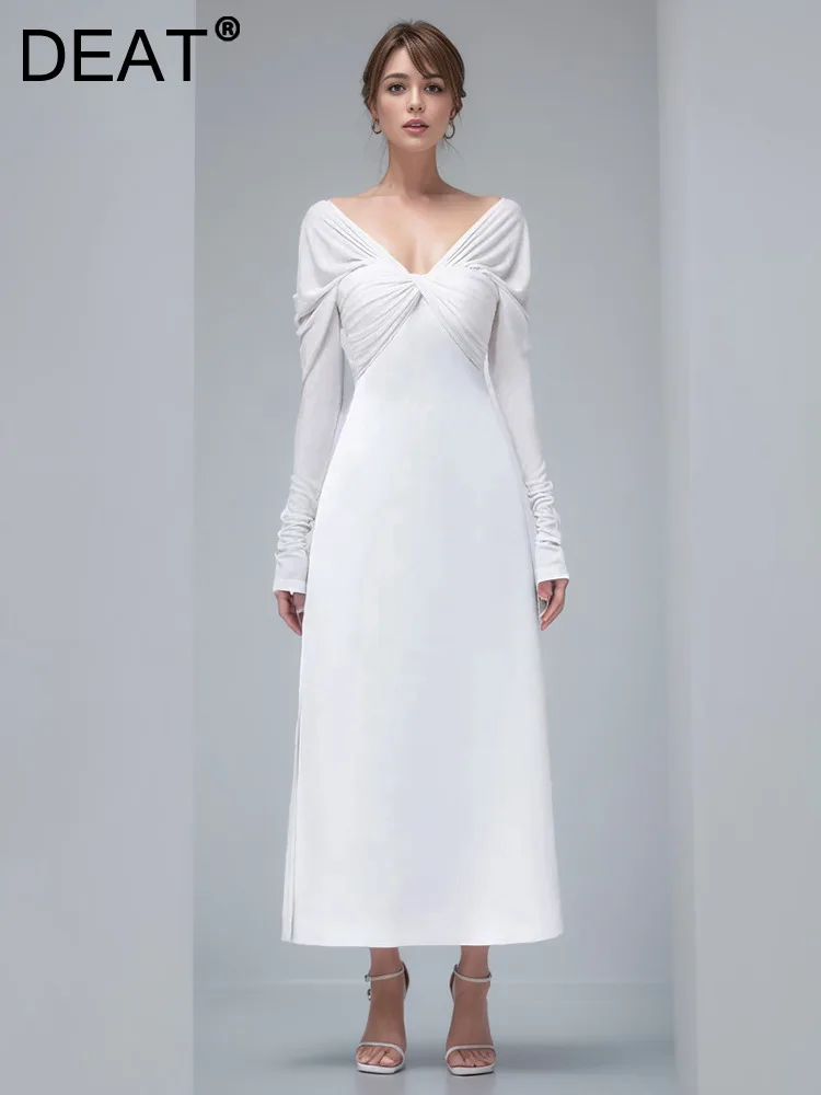 

DEAT Fashion Women's Pleated Kink Knitted Dress V-neck Long Sleeve Backless Waist Elegant Party Dresses Spring 2024 New 13DB4253