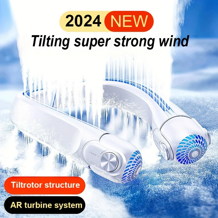 Ventilateur de Cou Portable sans Lame Rechargeable avec Câbles de Vent Réglables à 45 °, pour l'Extérieur, Nouveauté 2024