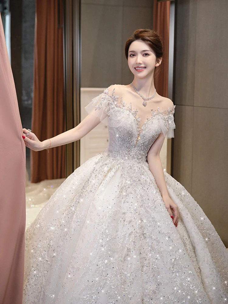 

2024 Elegant Exquisite Wedding Dress V-neck With Scalloped Lace Sequined Trailing Vintage Princess Ball Gowns Vestido De Adulto