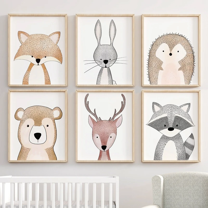Nursery Decoration Woodland Animals Wall Art Canvas Painting Fox Rabbit