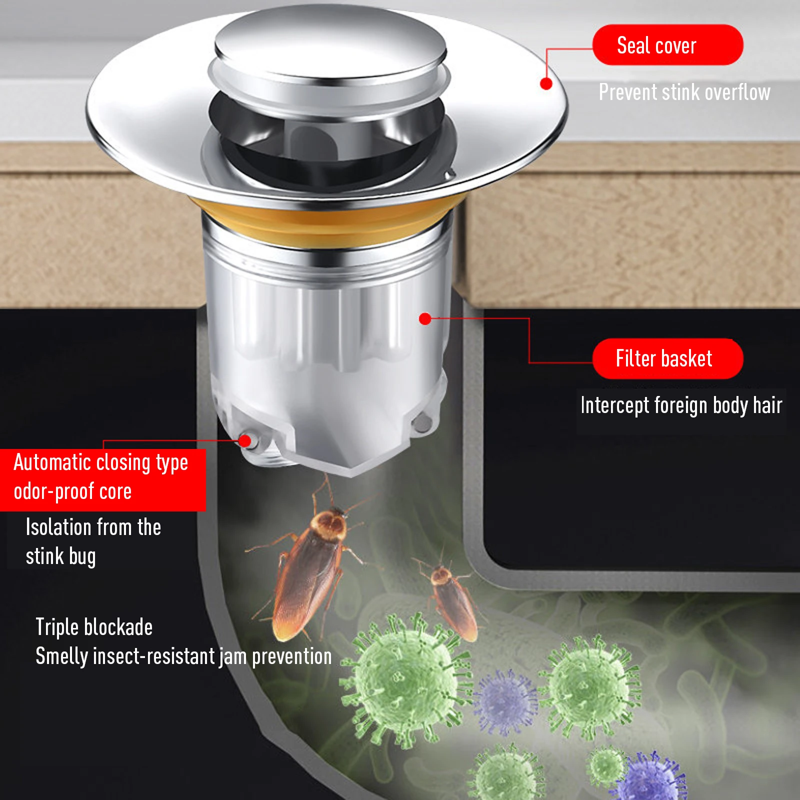 Universal Pop Sink Drain Filter Plug Bathroom Sink Stopper Washbasin