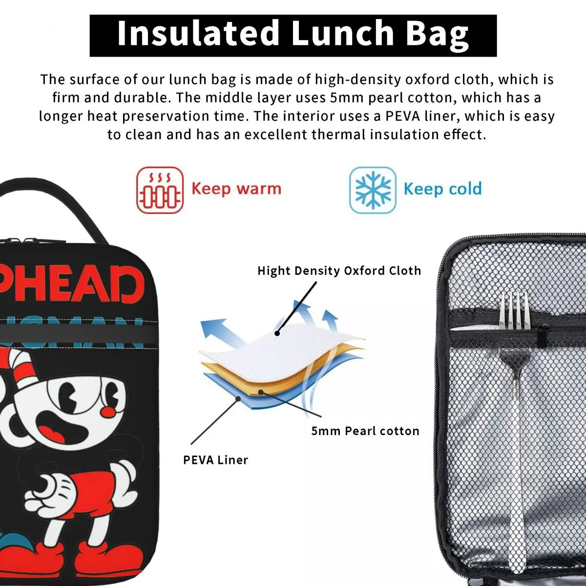Insulated Lunch Bags Cuphead & Mugman Retro Games Merch Food Box Cooler Thermal Bento Box Work