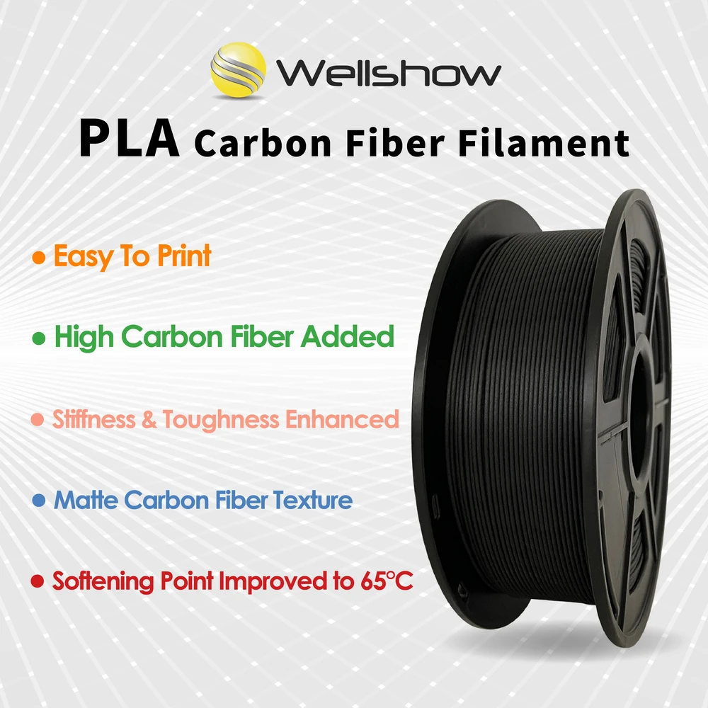 

WELLSHOW Carbon Fiber PLA 3D Printer Filament, 500mm/s Fast Printing, Matte Charcoal 3DFilament, Perfectly Wound