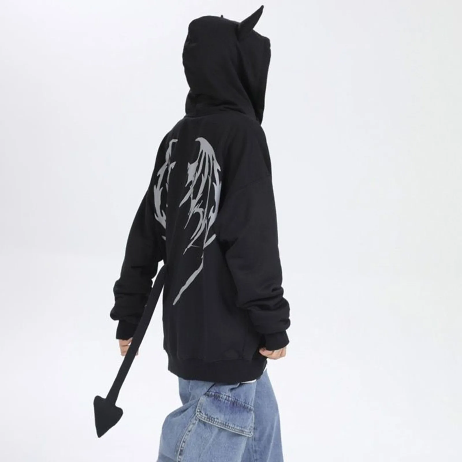 

Женские повседневные куртки, уличная мода, толстовка с изображением темного дьявола, куртки, свободные куртки с капюшоном и принтом на молнии с маленьким хвостом