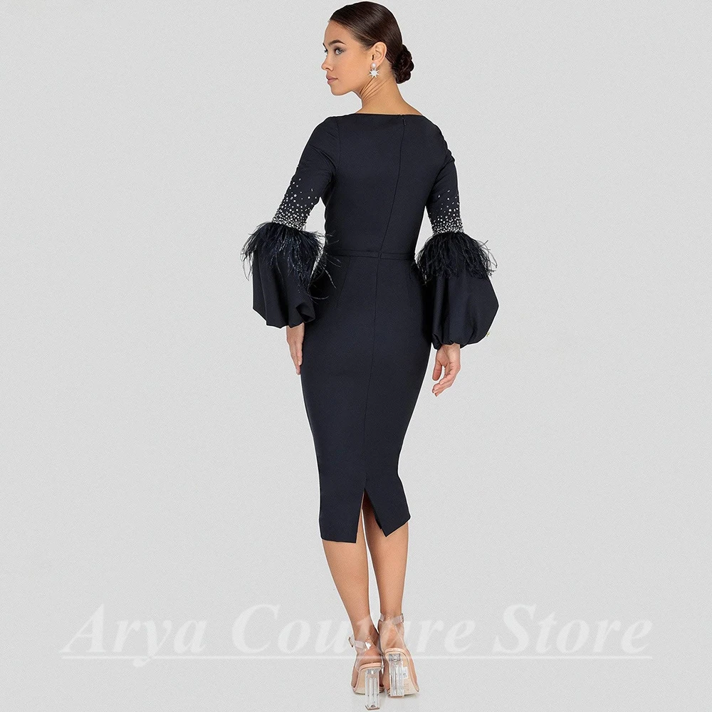 Chic Tea-Length Mother of the Bridal Dress with Belt V-Neck Long Sleeve Jersey Beading and Feathers Custom Made Gown for Wedding