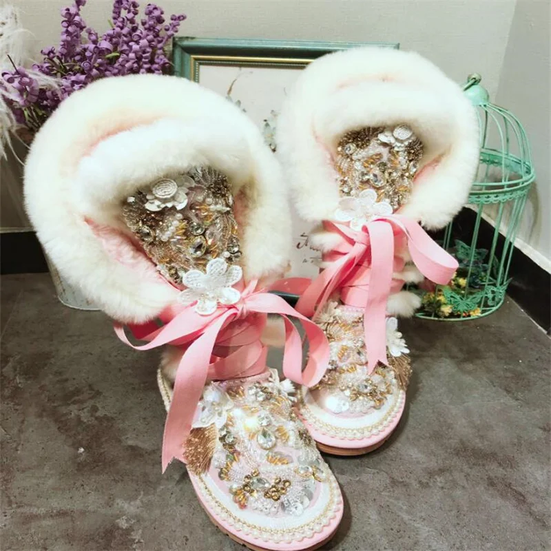 

Classic Luxury Diamond gemstone beaded fringe Handcrafted custom riveted sequin fur one waterproof snow boot 35-44