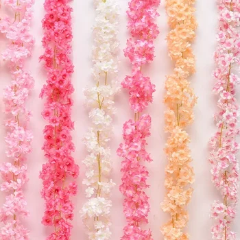 Artificial Flowers Cherry Blossoms Vines Silk Flowers Sakura Rattan Christmas Ornament Hanging Garland Wedding Home Decoration