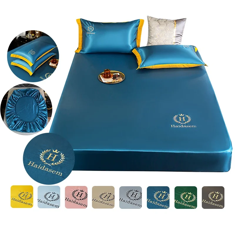 Light Blue Embroidery Bed Sheet With Pillow Case,3 In 1 Bedsheet