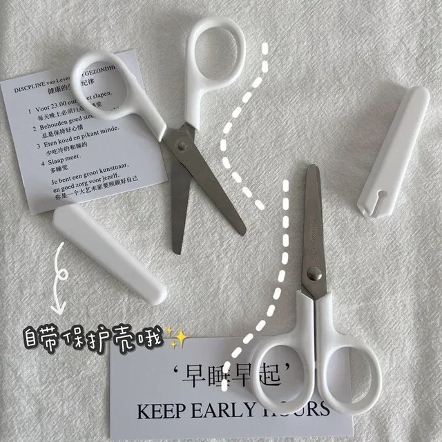 1pc Simple Pure White Stationery Scissors with Protective Lid Safe Kid Handmade Art Stainless Steel Scissors School Supplies 2