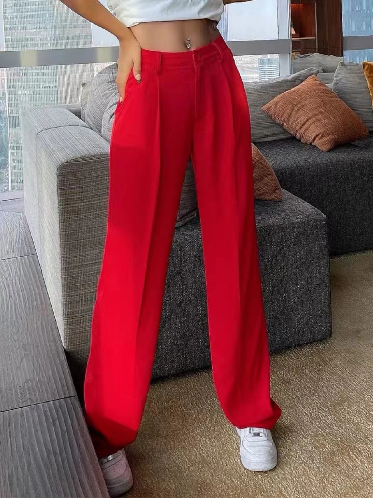 track pants Women Red 2022 New Trendy Fashion Straight Crinping Trousers Designer Mid Waist Colorfu capri jeans for women