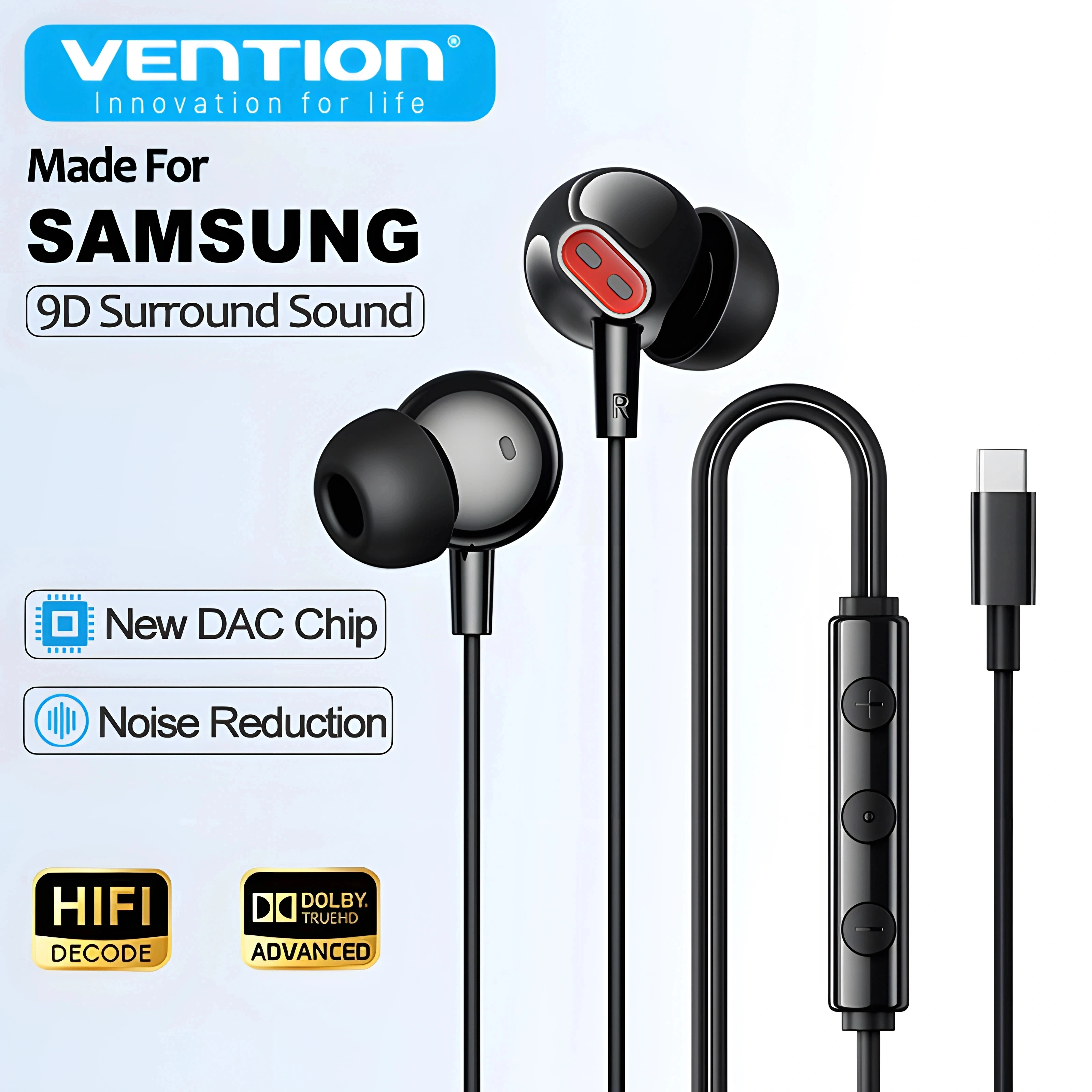 Vention Hi-Res Wired Earbuds with HiFi Bass, Stereo Sound, Volume Control, and Microphone