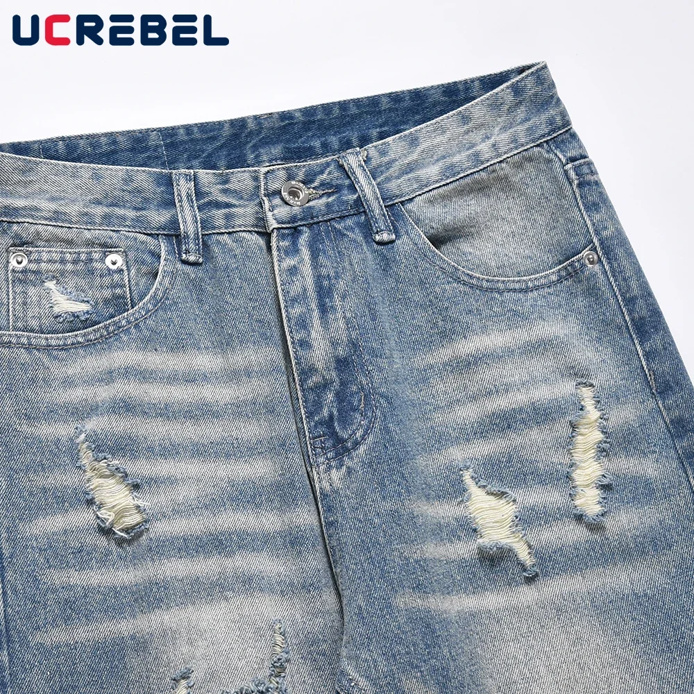 Ripped Hole Casual Denim Pants Mens Retro Washed Distressed Loose Straight-leg Vibe Style Flared Pants 4