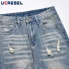 Ripped Hole Casual Denim Pants Mens Retro Washed Distressed Loose Straight-leg Vibe Style Flared Pants 4