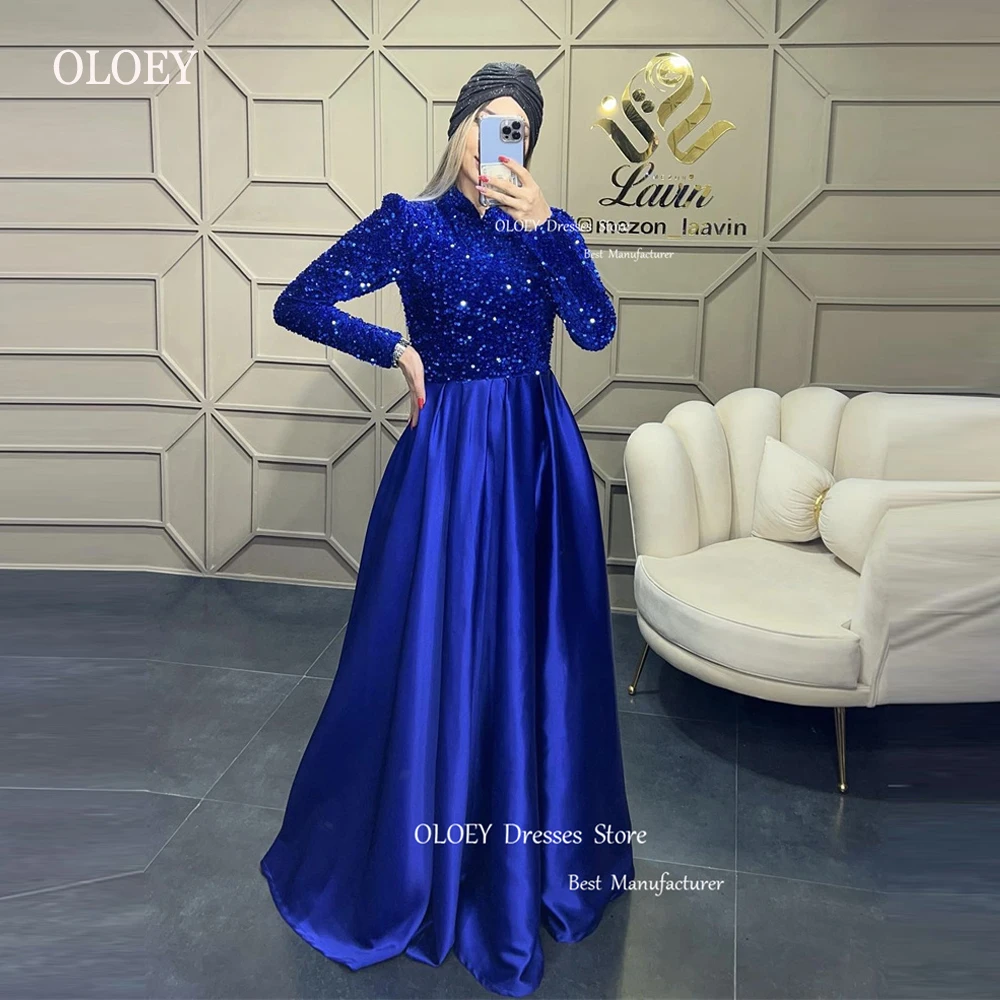 

OLOEY Royal Blue Sequin Muslim Arabic Women Sparkly Evening Dresses Long Sleeves High Neck Modest Formal Prom Gowns Glitter