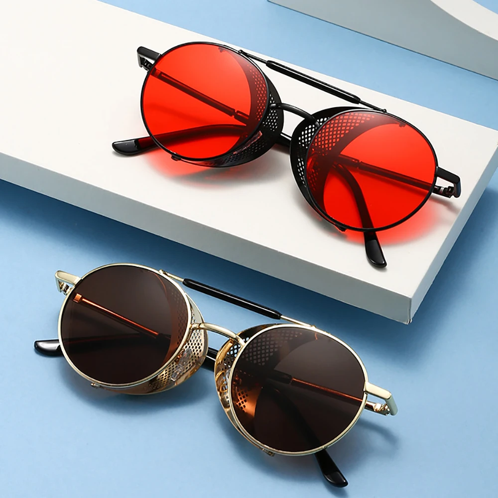 Men Driving Sunglasses with Side Shield Steampunk Round Alloy Sun Glasses Color Eyepiece Women Vintage UV400 Sun Shades New