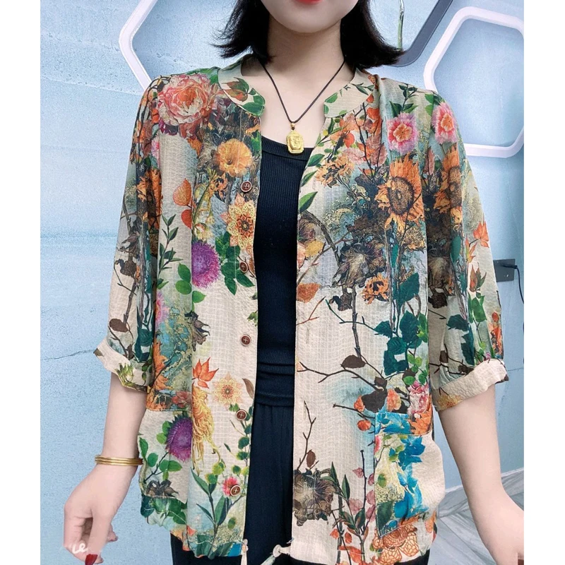 Women Geometric Floral Print Retro Cotton Linen Button Shirts Summer Fashion Loose Half Sleeve Blouse Casual Ladies Tops Blusas