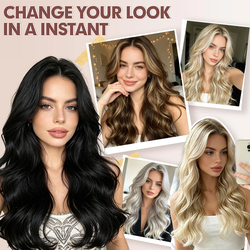 Extension per capelli lunghi ondulati con mèches miste, morbide e invisibili, con trama in pizzo, resistenti al calore, sintetiche, per donna - immagine 6