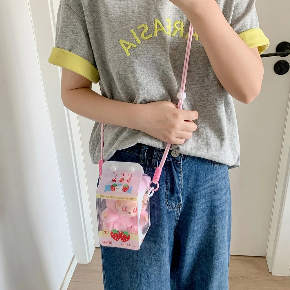 Ladies' kawaii Crossbody Bag Cartoon Cute Transparent Milk Box Funny New Shoulder Bag High-quality Doll Display PVC Storage Bag
