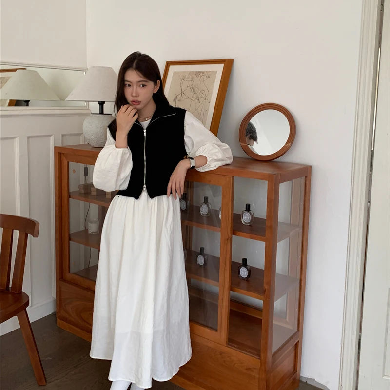 세련된 한국 스타일 정장 스커트 여성 봄 가을 폴로/거북이 목 조끼 카디건 자켓 루즈 피트 라운드 넥 드레스 세트
