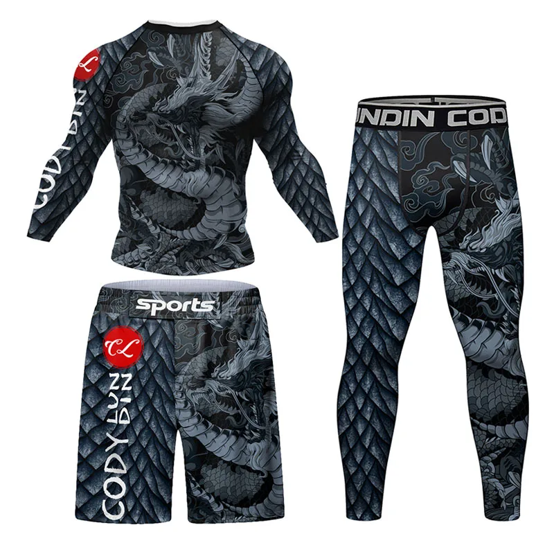 4PCS/Set Men Rashguard MMA T-shirt + Pants Snake Jiu Jitsu Grappling Bjj Gi Boxing Rash Guard Sportsuits Leggings Suit MMA Shorts sports apparel mens t shirt