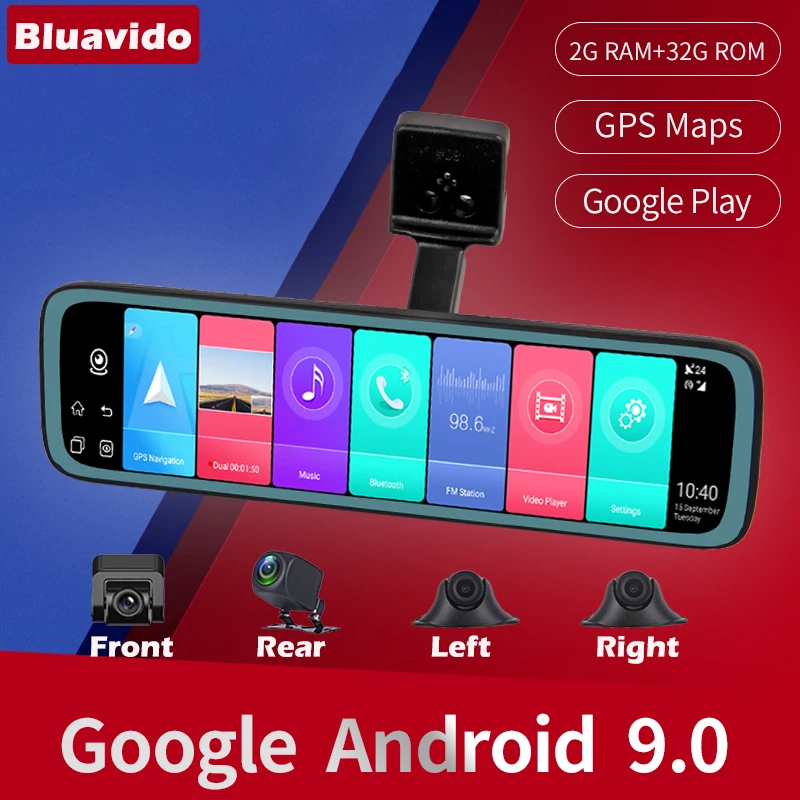 Car Video Surveillance Bluavido 4 Cameras 4G Car Mirror DVR Android 9.0 GPS Navigation ADAS HD 720P Video Recorder Bluetooth WiFi App Remote Monitoring dash cam mirror